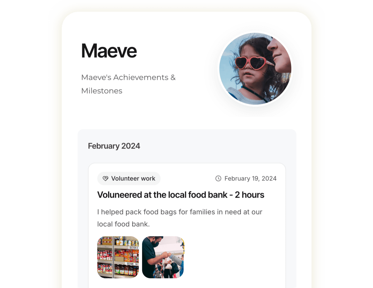 Digital portfolio for kids and students: phone and tablet mockup showing a child’s milestones, artwork, and achievements in Kifolio